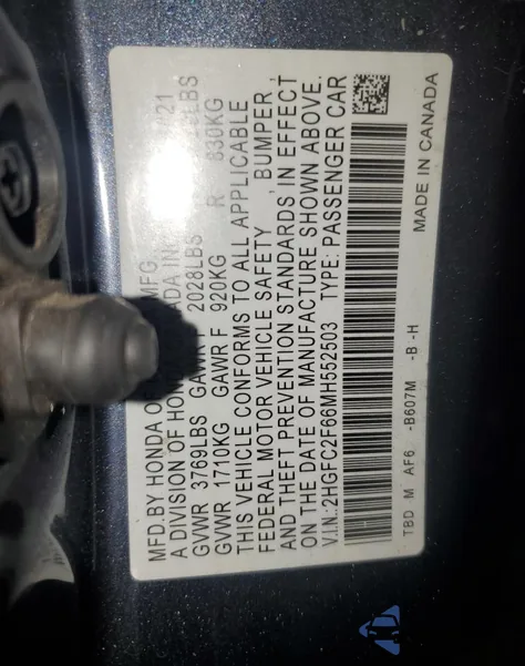 2021 Honda Civic Lx from USA, damaged, VIN 2HGFC2F66MH552503